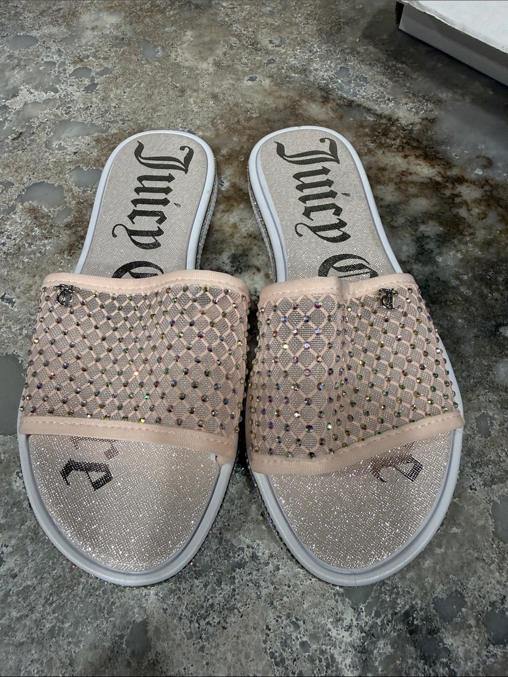 Juicy Couture Pale Pink Crystal Mesh Slide Sandals